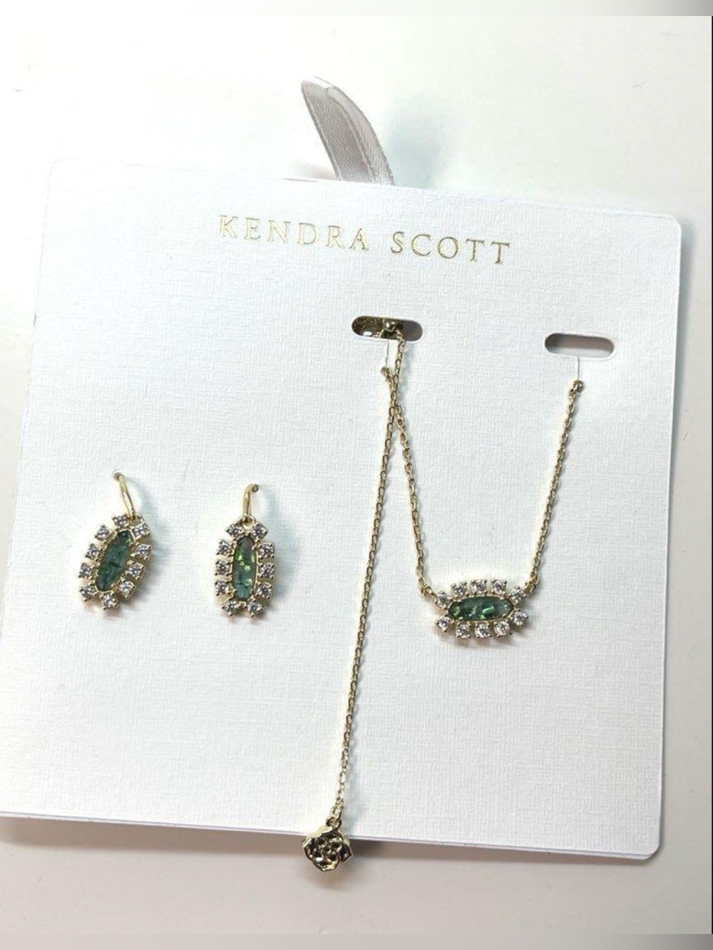 Kendra Scott Gold Necklace and Earring Set with Jade Green Stones 2509
